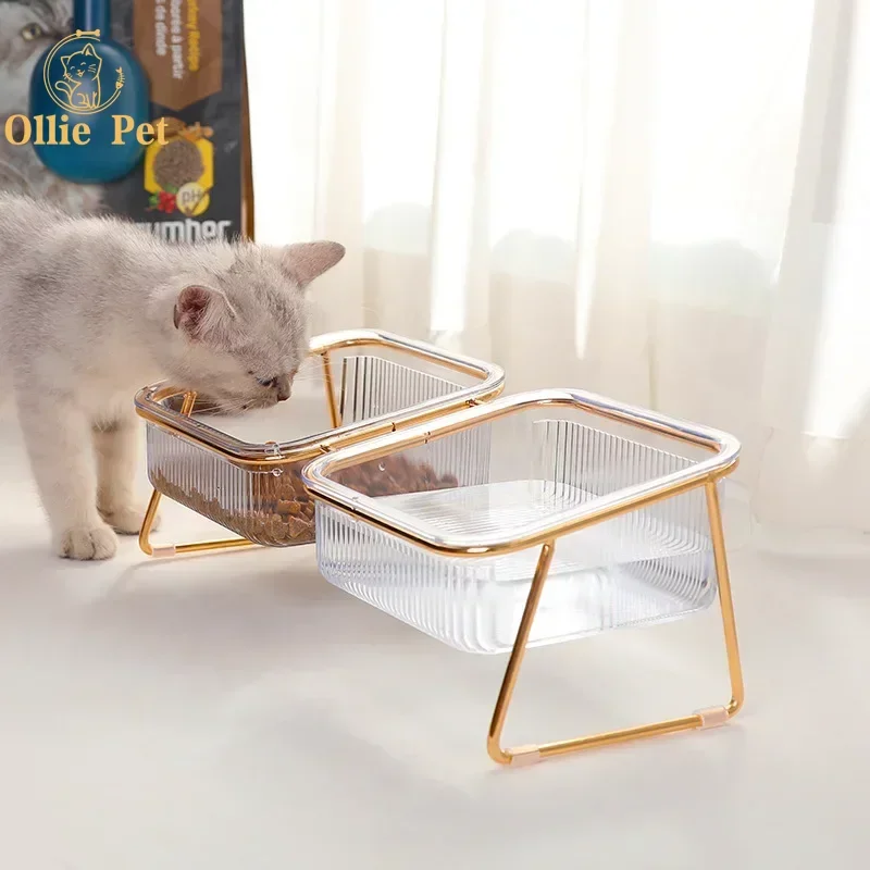 Cat Double Bowl Non-slip Transparent with Raised Stand Foot Puppy Food Feeding Dish Metal Elevated Water Feeder Easy To Clean