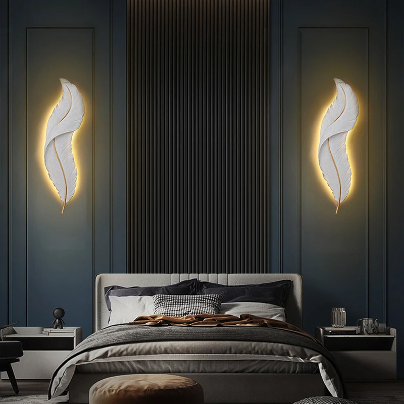 Led White Feather Wall Lamp For TV Backdrop Bedroom Bedside Aisle Corridor Sample Room Environmental Friendly Resin Lights