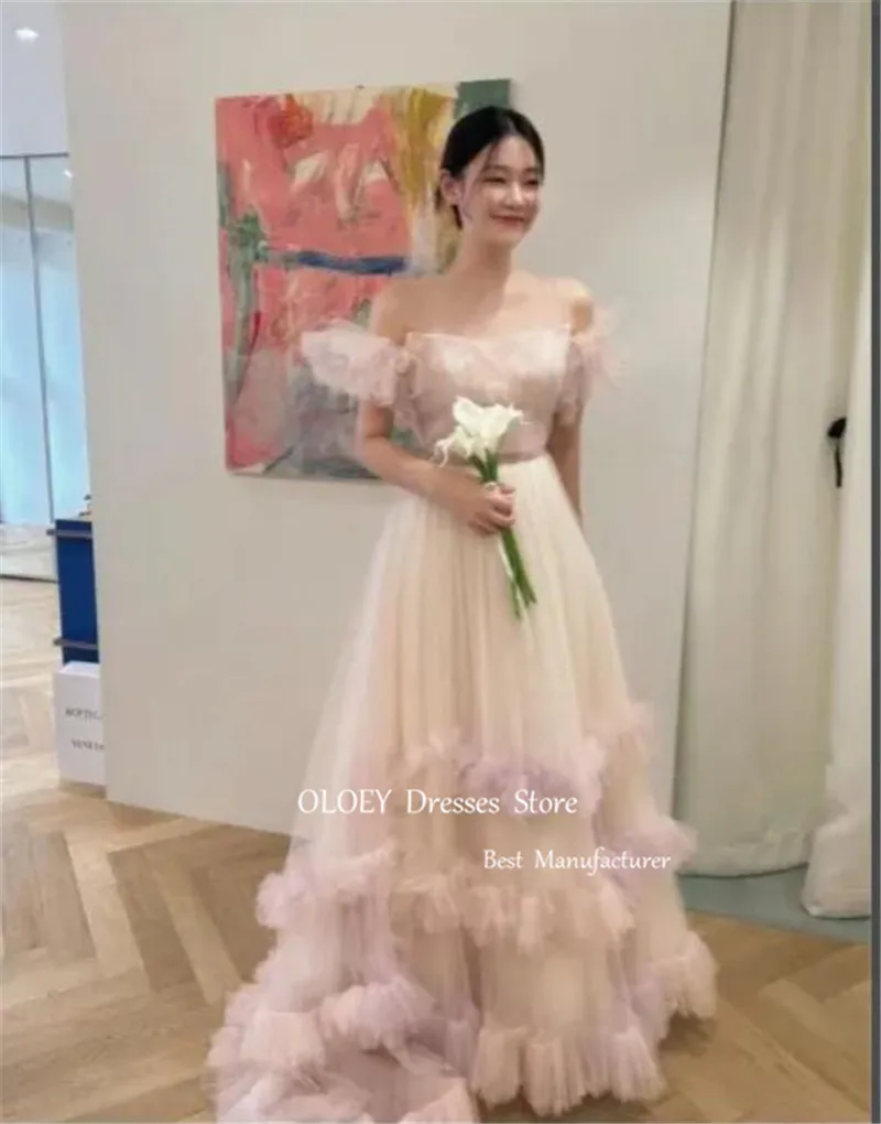 

OLOEY Princess Blush Pink Tulle Korea Wedding Photoshoot Sheer Neck Short Sleeves Tiered Ruffles Corset Evening Gowns Party