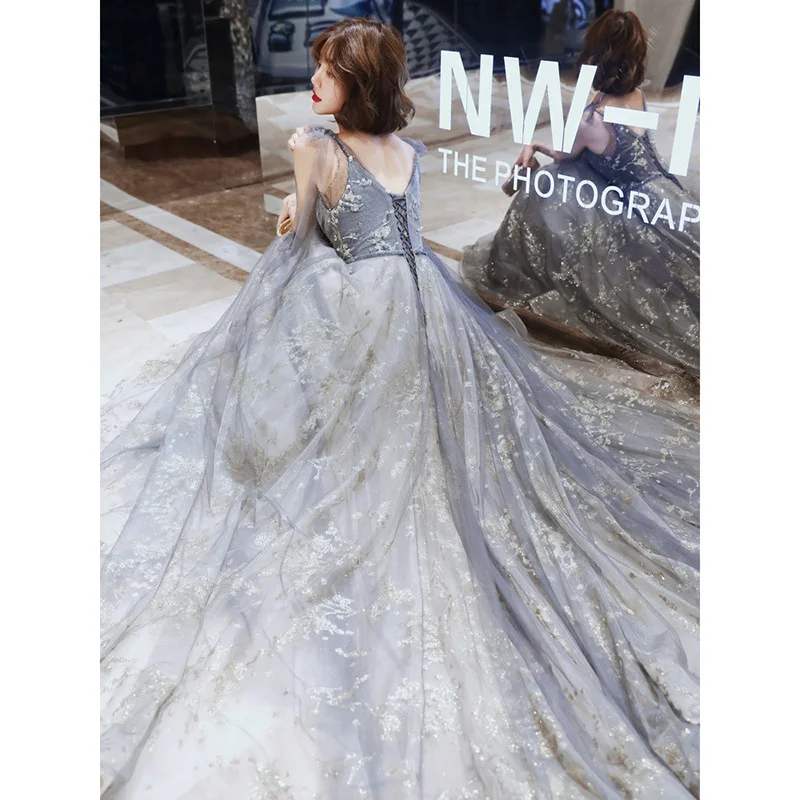 S0b32d1f64ec64ab69367b5bcddd25311O V-neck Lace-up Elegant Sequined Wedding Party Dresses Fairy Slim Waist Mesh Tiered Prom Dress Elegant Temperament Evening Robe Mallzona