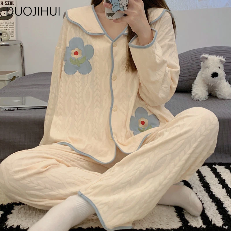 

DUOJIHUI Two Piece Autumn Loose Casual Home Pajamas for Women Chic Button Cardigan Basic Pant Simple Fashion Female Pajamas Set