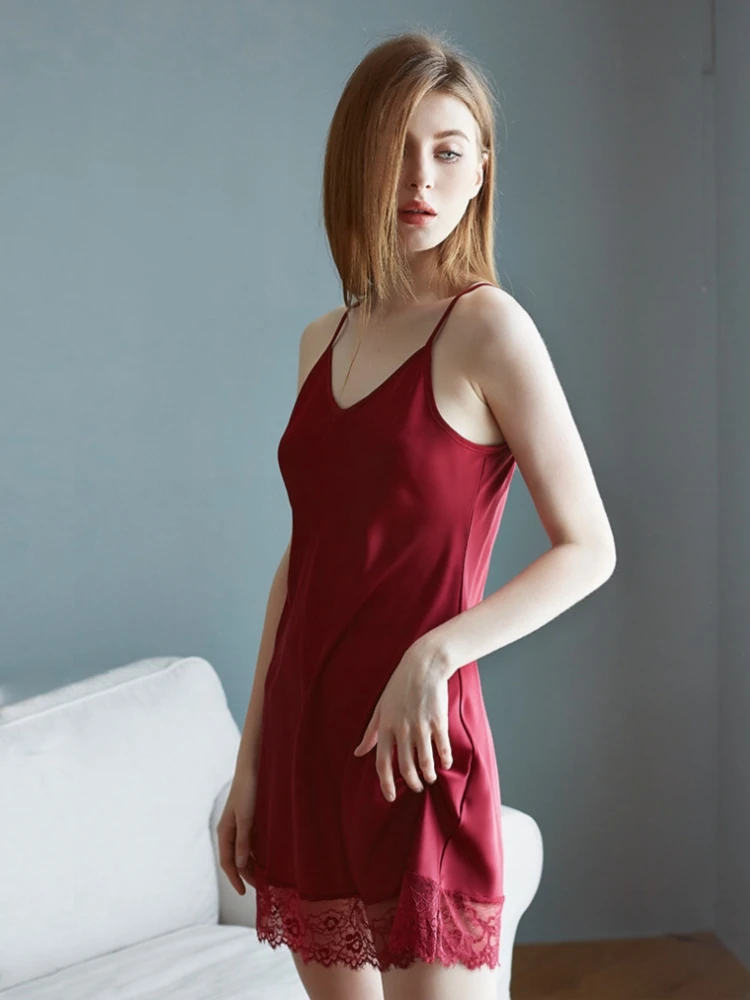 Summer Women's Satin Sling Pajama Dress Medium Length Lace Splicing Sexy Suspender Sleeping Skirt Thin Ice Silk Home Clothing