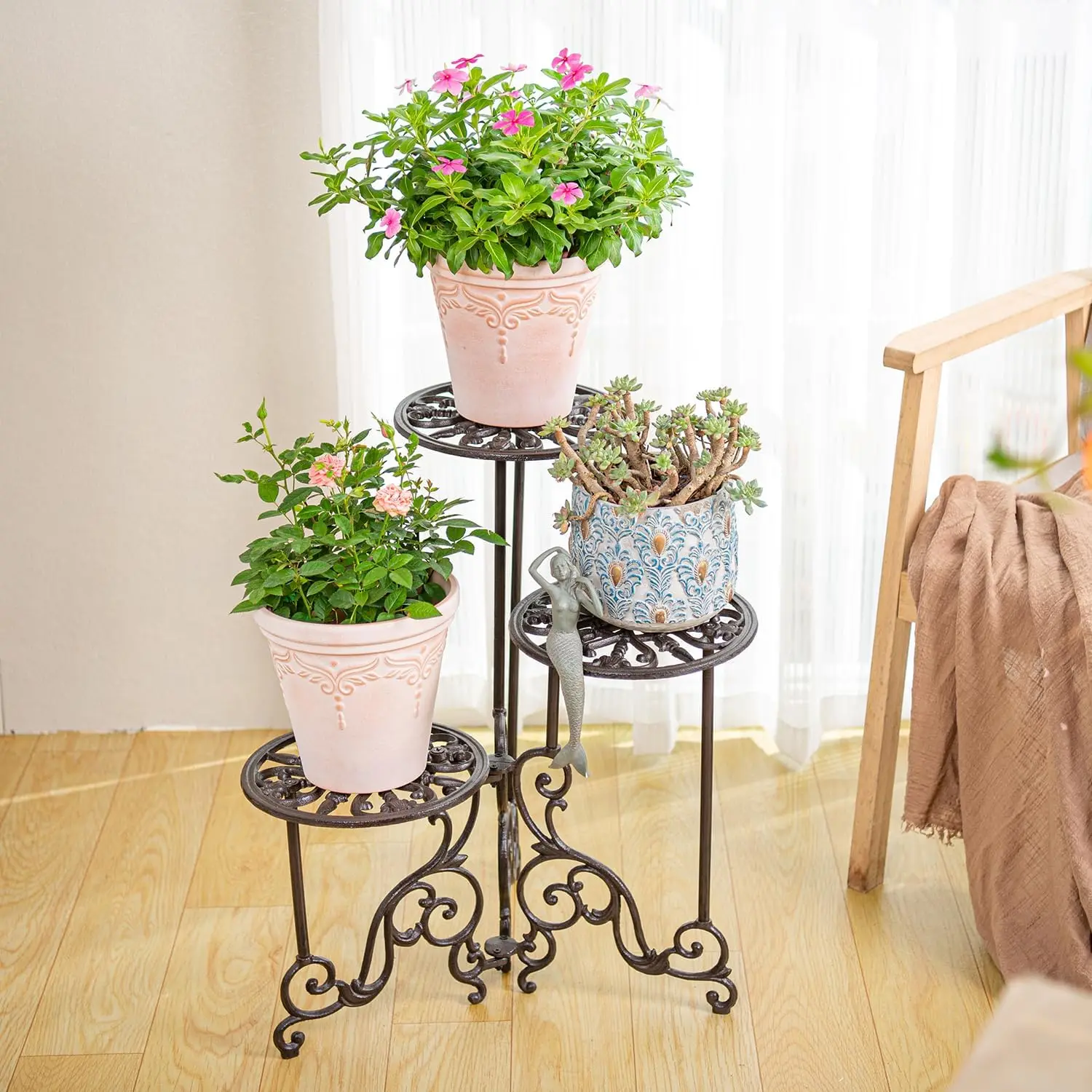 Heavy Duty Cast Iron Plant stand, 3 Tier Foldable Metal Plant Shelf, 24in Tall Vintage Flower Pot Holder Indoor Outdoor Tiered P