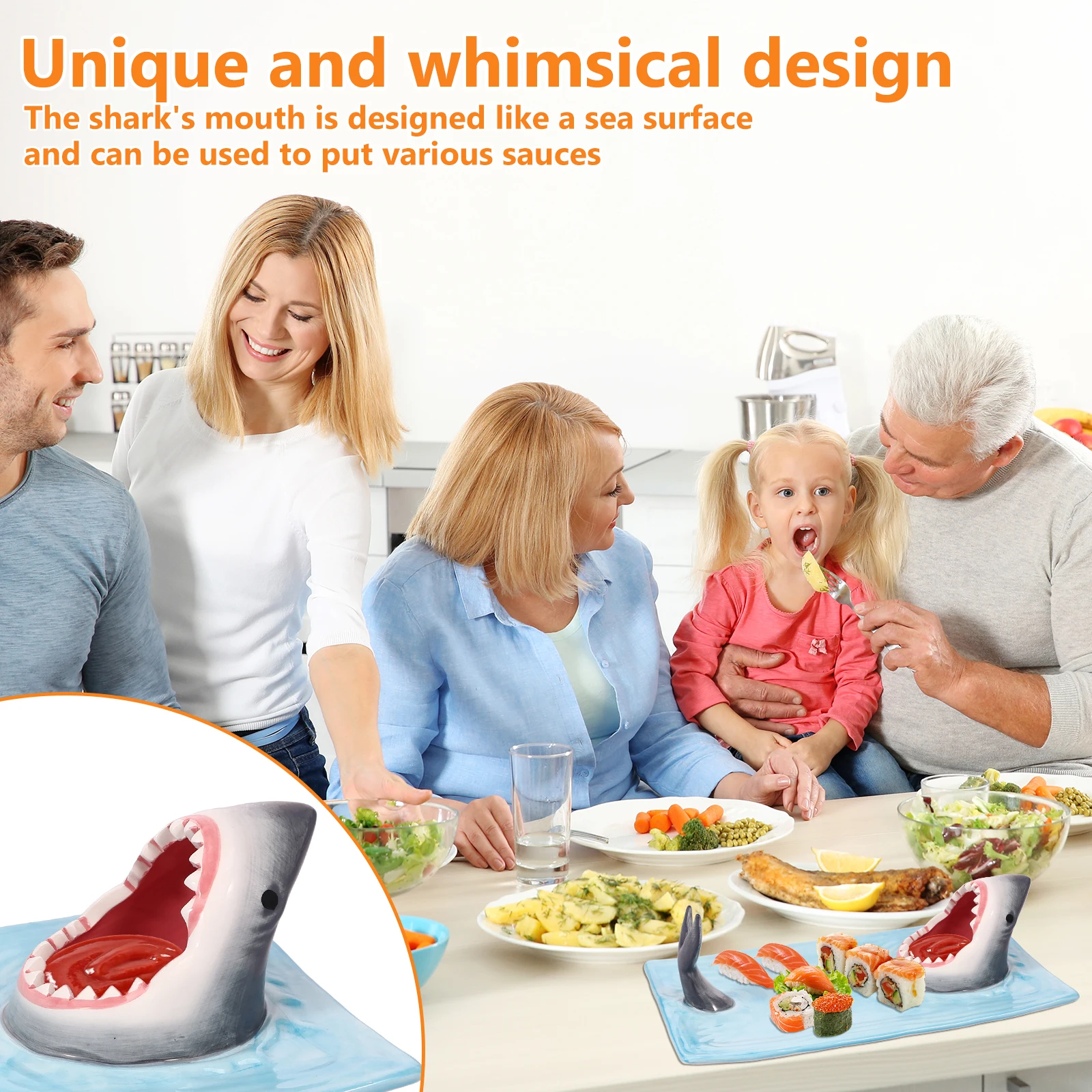 Sushi Serving Plate Ceramic Shark Shape Porcelain Platter with Soy Sauce Holder