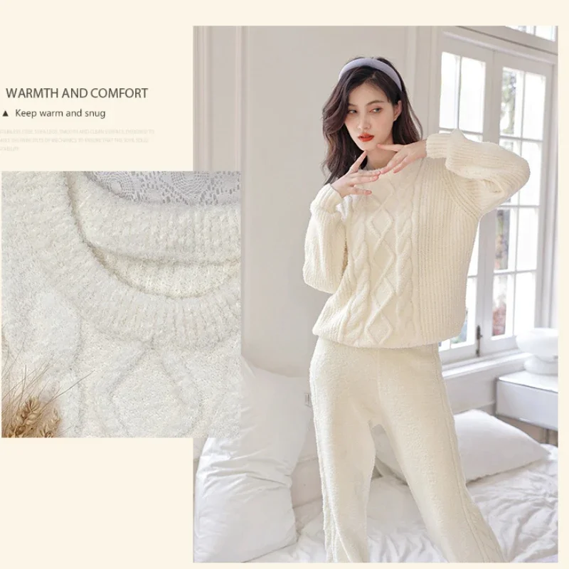 Women's Pajamas Set of Fall and Winter Soft Half-fleece Homewear Long-sleeved Thickened Leisure Elegant Simple Sweater Sleepwear