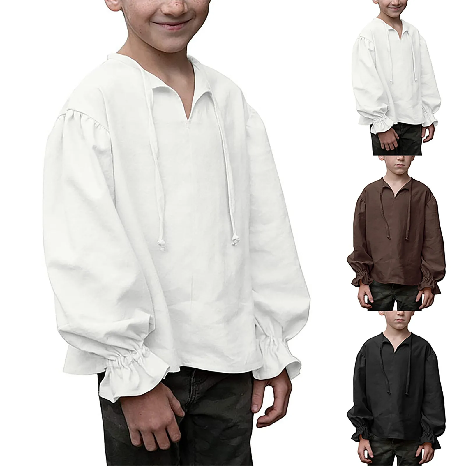 Boys Medieval Dress Shirt For Kids Medieval Ruffled Long Sleeves Cotton O-Neck T Shirts Children 4