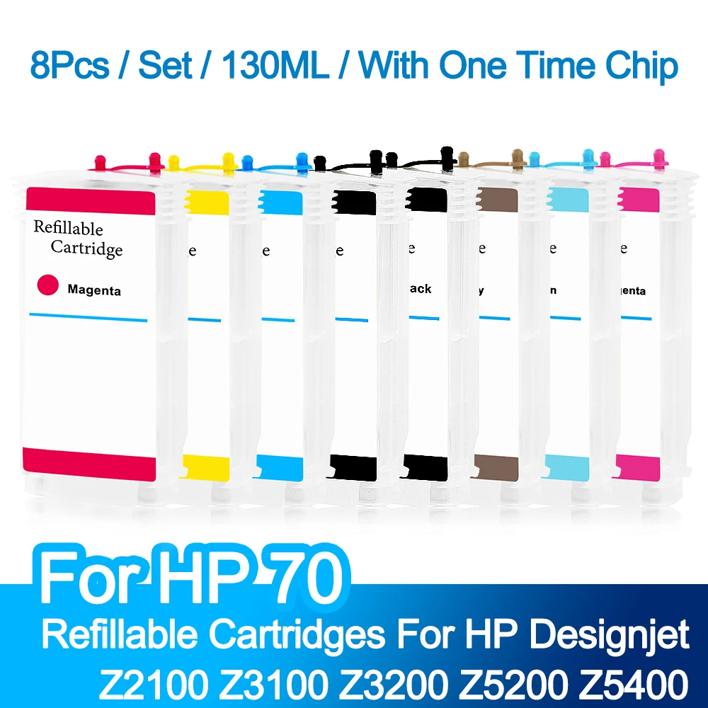 For HP 70 8PCS 130ml Empty Refillable Ink Cartridge With One Time Chip