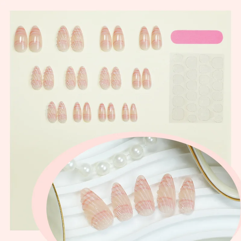 24pcs 누드 핑크 가짜 손톱 달콤한 3D 쉘 디자인 아몬드 틀린 손톱 패치 전체 커버 웨어러블 한국 스타일 손톱에 누르기