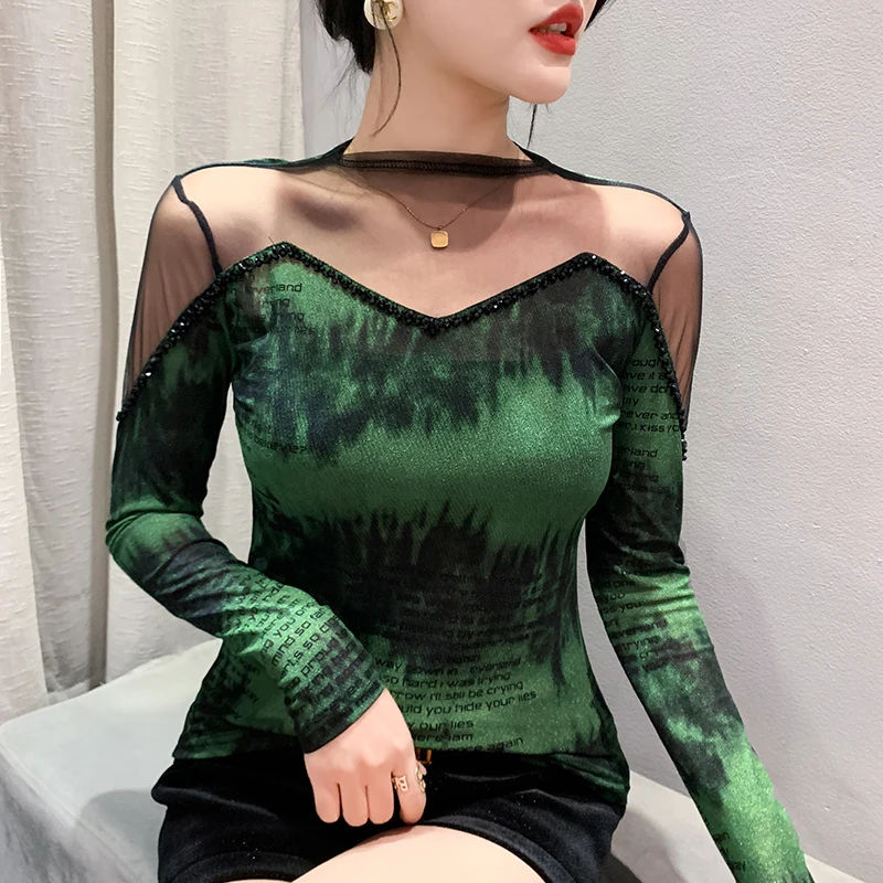 

2023 New Fall Winter European Clothes T-Shirt Women Chic Sexy Patchwork Mesh Beading Tops Long Sleeve Bottoming Shirt Tees 39018