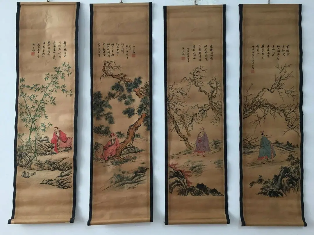 

China scroll painting Four screen paintings Middle hall hanging painting 4 poets room decor wall decor