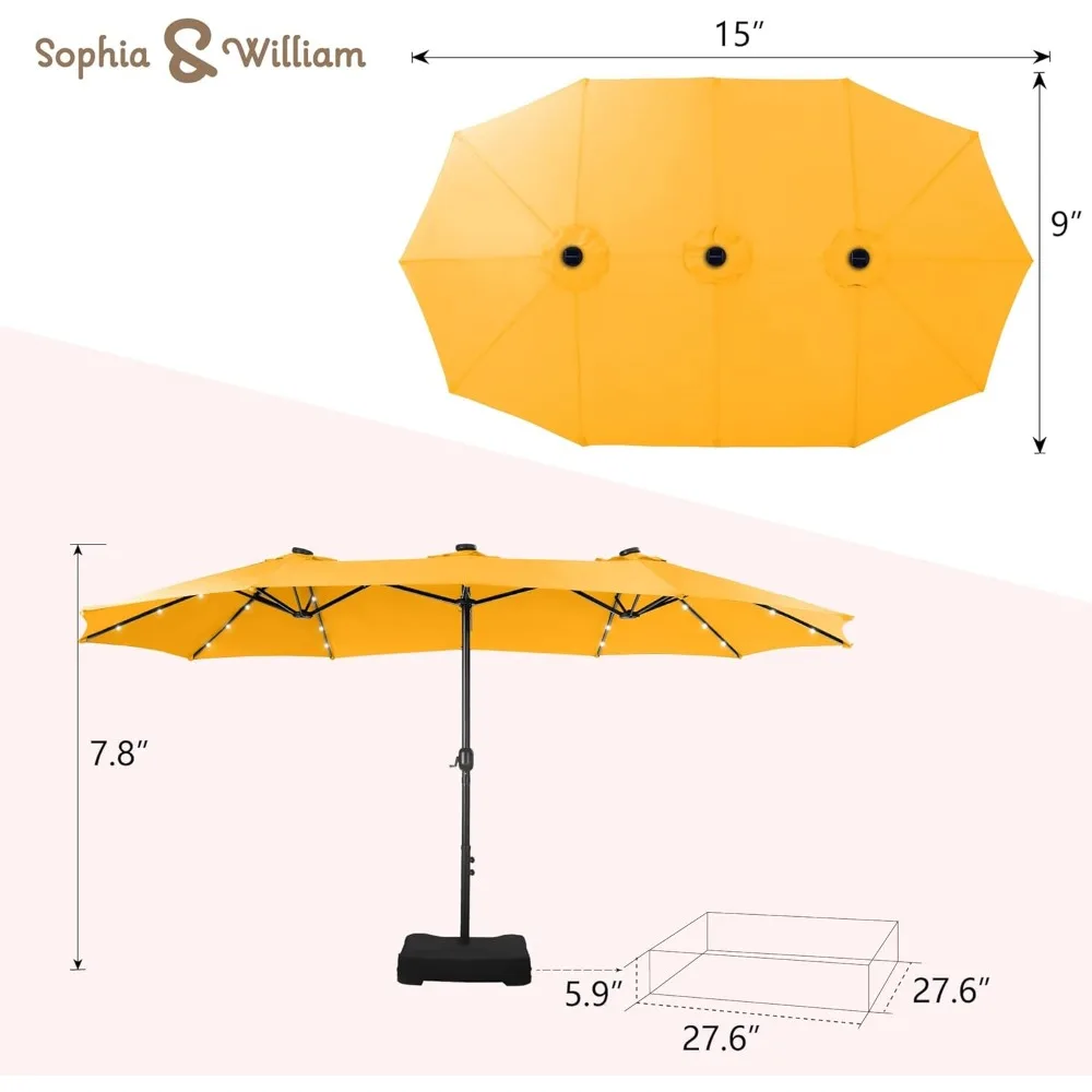 15 ft Extra Large Patio Umbrella with Solar Lights, Rectangular Outdoor Umbrella with Base Included, Market Umb 3