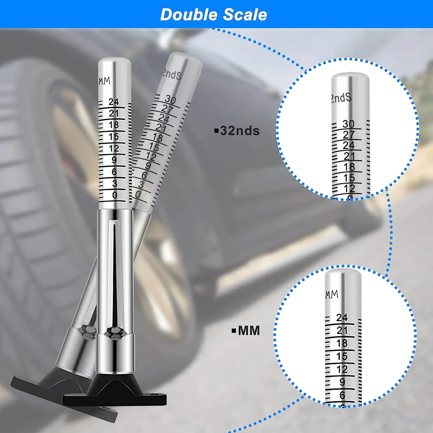 Miernik grubości bieżnika opon ATsafepro UK, sprawdzanie głębokości bieżnika ze stali nierdzewnej, głębokość opon narzędzie pomiarowe w 25MM/32nds