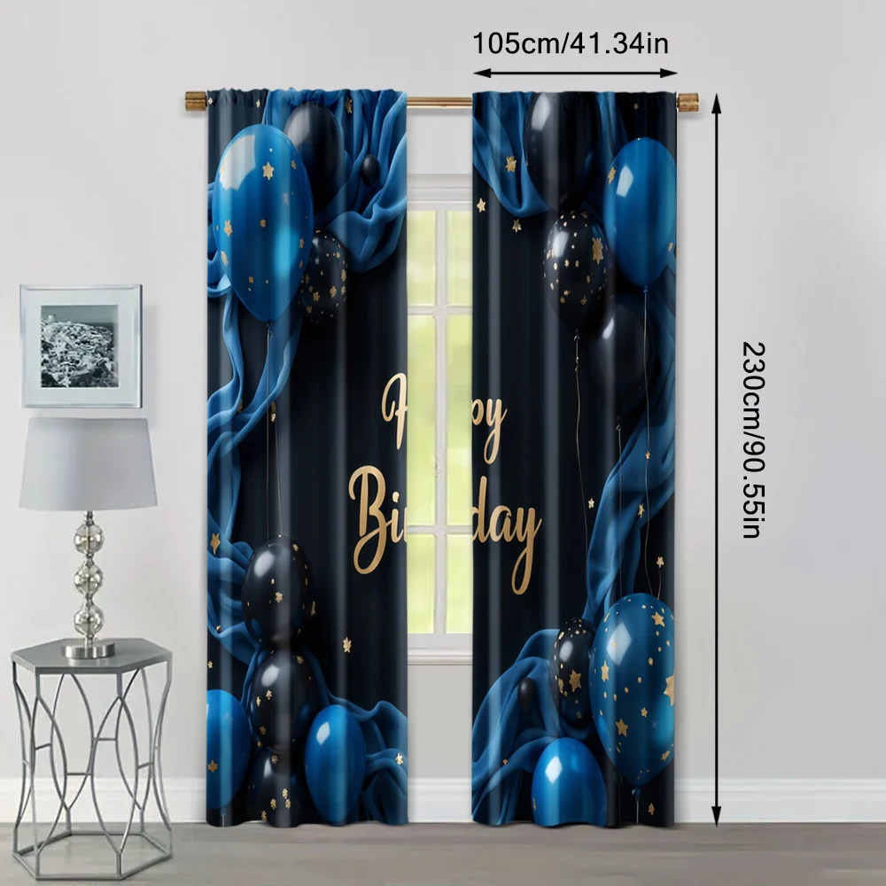 2pcs, Popular Curtains 2D print Happy Birthday Blue & Black Fabric (without rod) Decorations Clearance Perfect for Kitchen 4