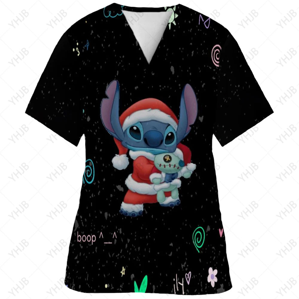 thumbnail image 1 of Blusa de uniforme de trabajo con cuello en V y cordón de manga corta con estampado de dibujos animados de Disney Stitch para mujer, 1 of 5
