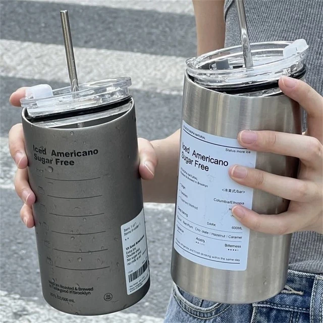 Coffee Cup Thermos 304 Stainless Steel Double -layer Cooler Straw Cup Portable Reusable Ins Ice American Coffee Mug Water Bottle 1