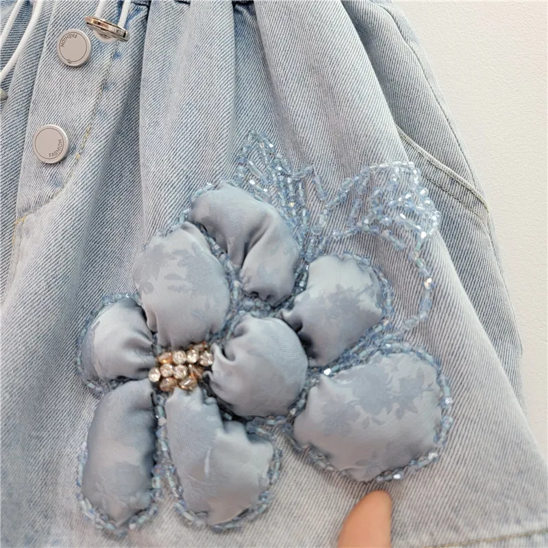 2024 Summer New Heavy Industry Beads Blue 3D Flower Denim Shorts Female Drawstring Elastic Waist Wide Leg Shorts for Women