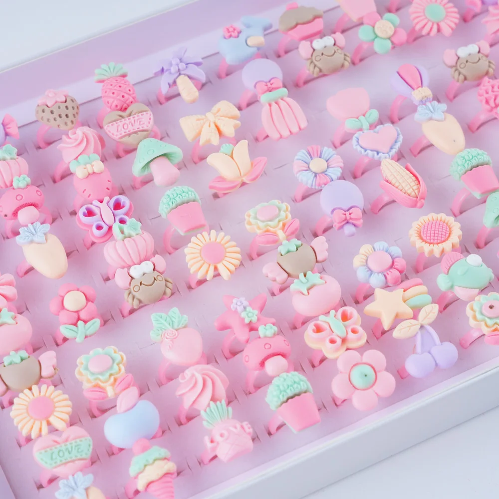 100 Teile/los Kinder Harz Cartoon Reizende Nette Obst Tier Blume Pflanze Öffnung Ringe für Kinder Jungen Mädchen DIY Schmuck Zubehör – Detail 17