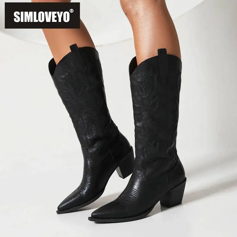 

SIMLOVEYO Design Women Knee High Boots Pointed Toe Block Heel 6cm Slip On Western Booties Punk Big Size 42 43 Embroidery Spring