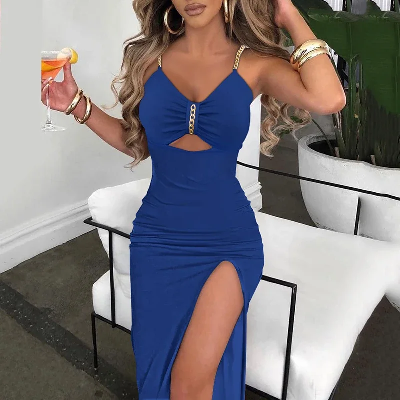 

Summer Sexy Slim Backless Sling Dress Fashion Hollow Out Design High Waisted Split Long Dress Casual Sleeveless Women Vestidos