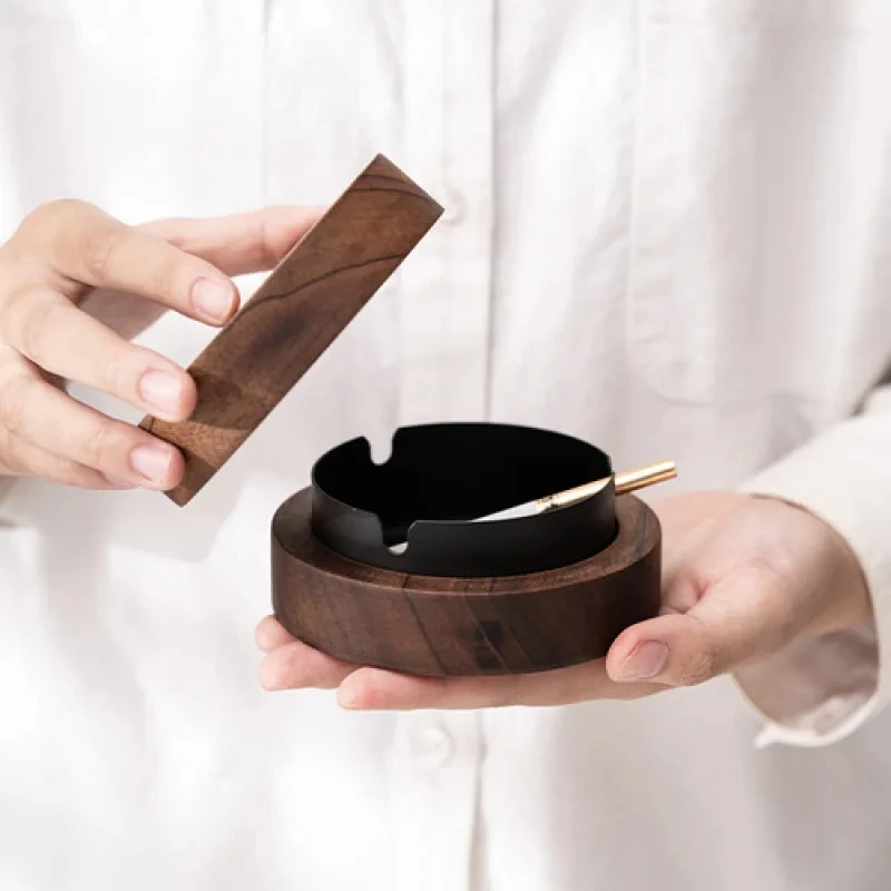 Desktop Wood Ashtray With Lid Stainless Steel Liner Windproof Ash Tray For Bar Office Home Decoration Smoking Accessories