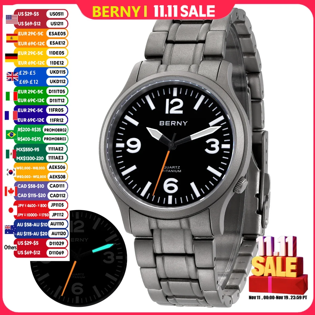 BERNY パイロットウォッチ フルチタン BERNY フルチタンメンズウォッチ超発光スポーツパイロットクォーツ時計