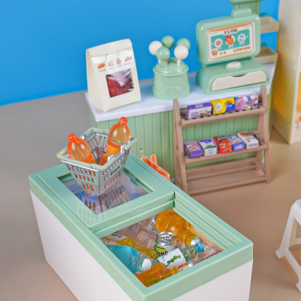 Miniature Furniture Supermarket Rack Display Cabinet 1:12 Dollhouse Refrigerator Cashier Mini Building Block Table Kitchen Toy 5