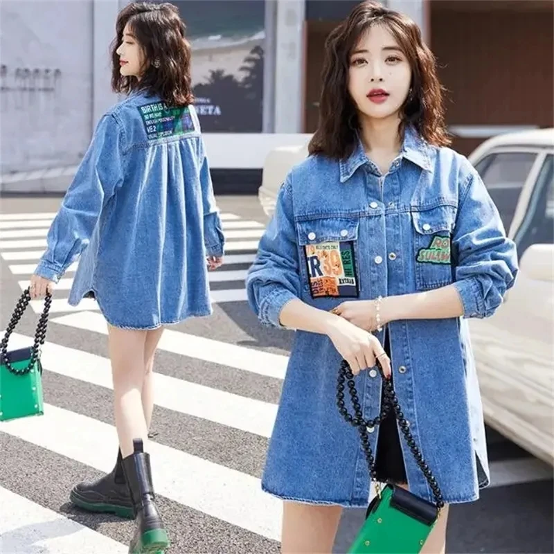 

2023 Spring Autumn New Denim Shirt Coat Women Loose Korean Version Medium Length Casual Age Reducing Design Sense Cowboy Top