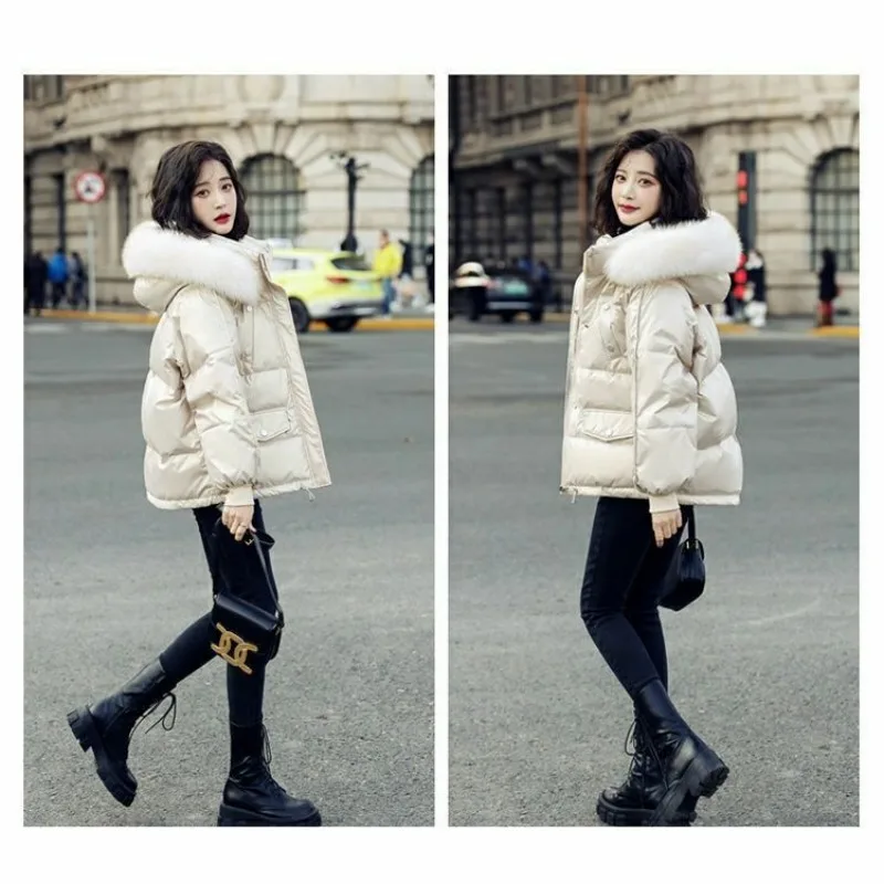 2023 New Women Down Bread Jacket Winter Coat Female Short Parkas Loose Thick Glossy Outwear Artificial Fur Collar Overcoat