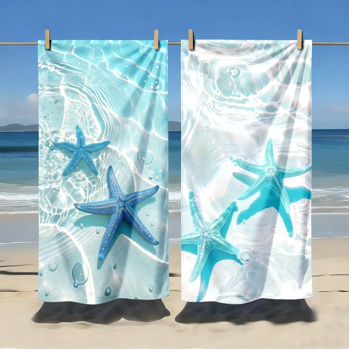 Set Of 2 Assorted Summer Beach Towels Ocean Turtle Starfish Prints_voghion.com
