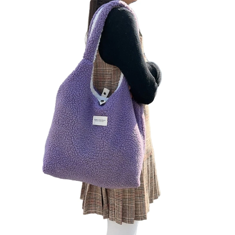 

Women Faux Lamb Wool Fuzzy Handbag Trendy Reversible Shoulder Bag Autumn Winter Large Capacity Furry Plush Tote for School Work