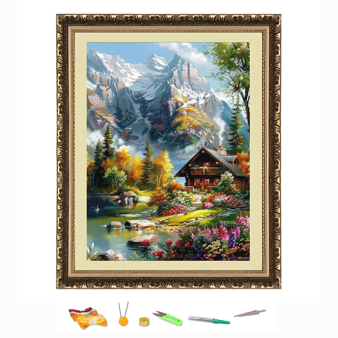 Cross Stitch Embroidery Mountain Hut House Landscape Thread Drawing DIY Needlework Kit Decorate Printed on Canva 11CT