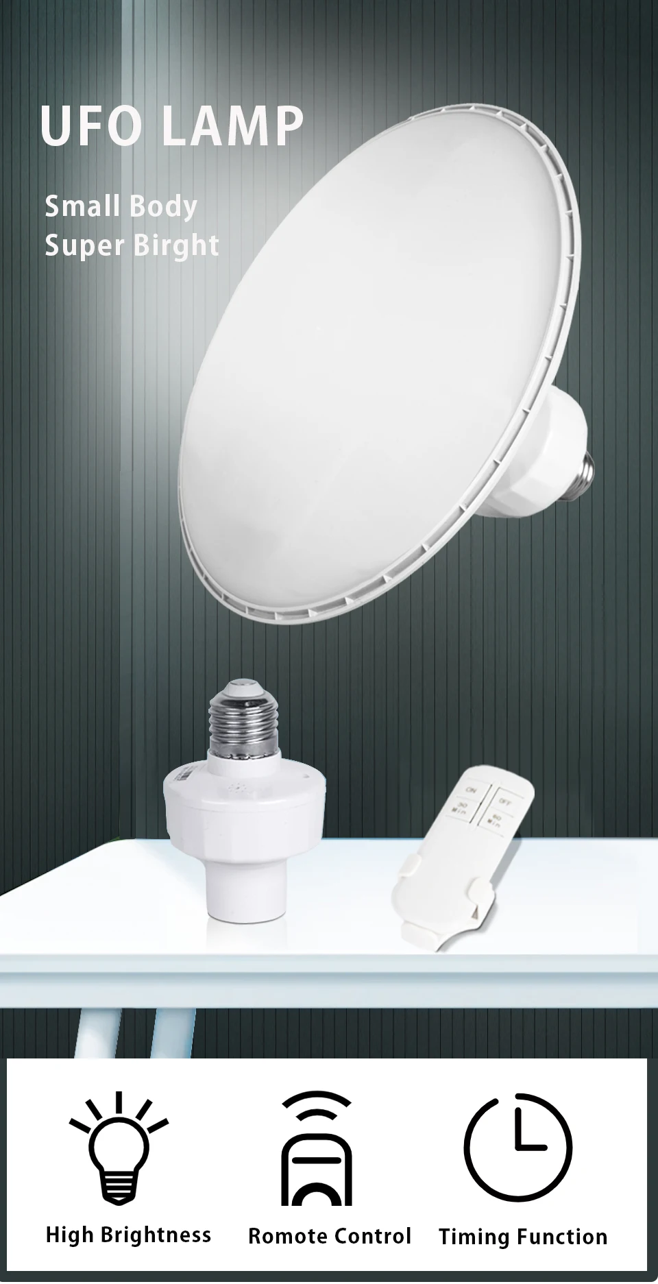 Description Picture 2 of item85-265V 30W 40W 50W UFO LED Lamp Timer Function Remote Control Lamp Holder E27 Socket Lamp Base Kitchen Bedroom Garage LED Light