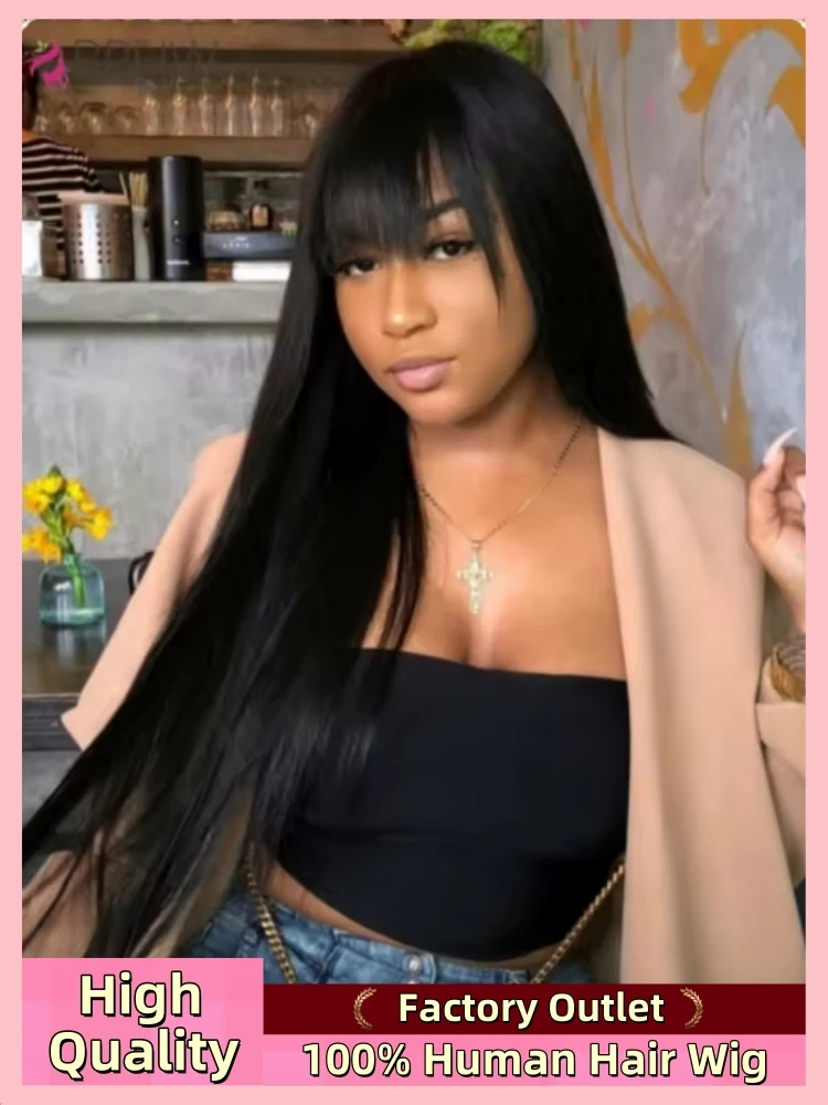 Straight Human Hair Wigs Bangs Full Machine Made Wig 180% Density Brazilian Bangs Wigs Women Natural Black BPHW Human Hair Wigs