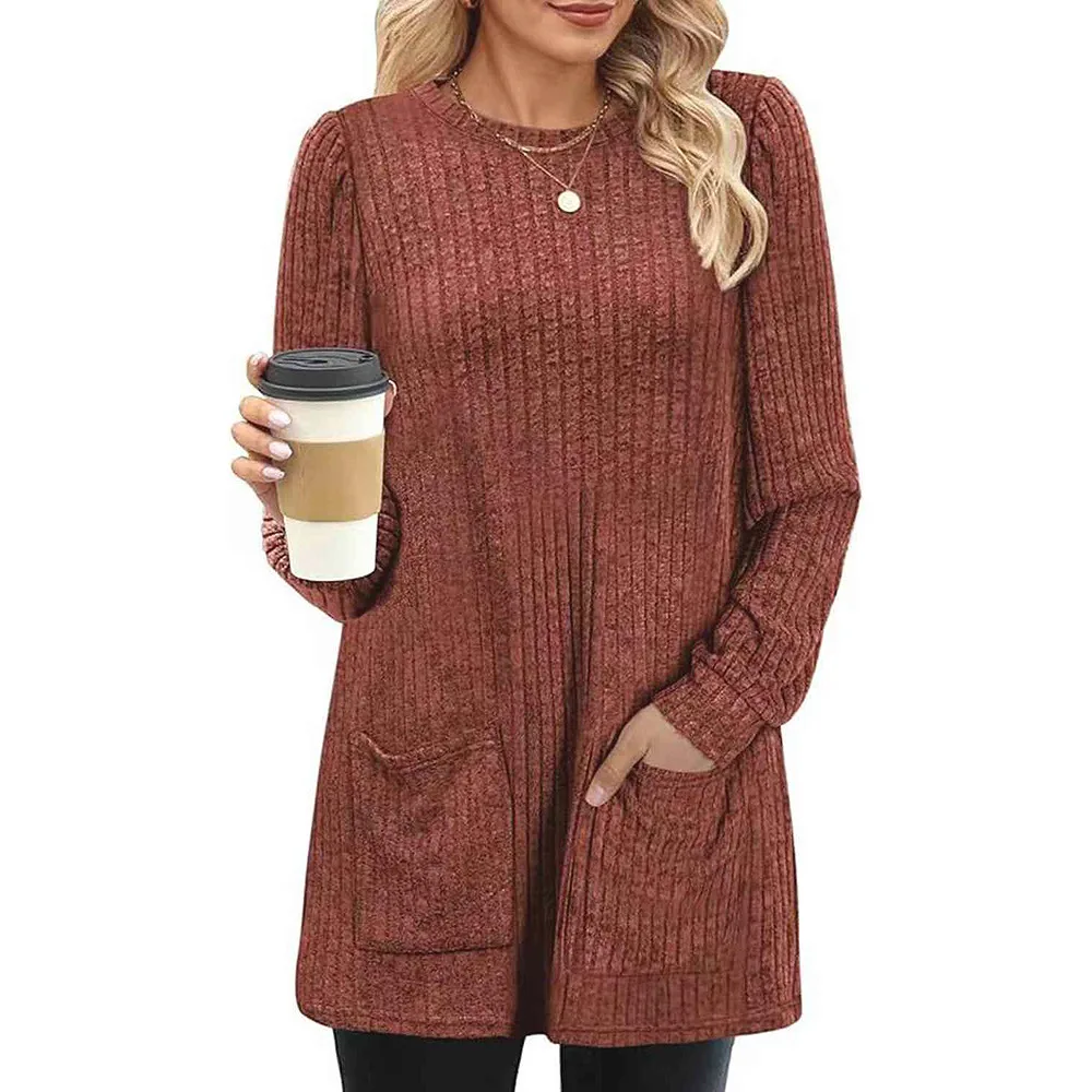 2024 Europe and the United States Autumn and winter new mid-length sweater pit strip solid color pocket gown woman