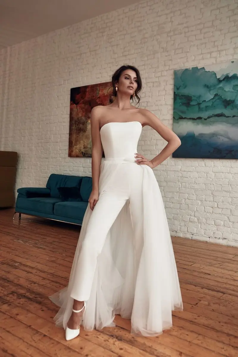 Women Elegant Jumpsuit Tulle Strapless Backless Beach Wedding Dress With Detachable Solid Party  A-Line Bridal Gown Pants