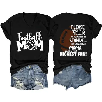Summer new V-neck T-shirt Football Mom print loose casual short-sleeved top ladies all fashion pullover