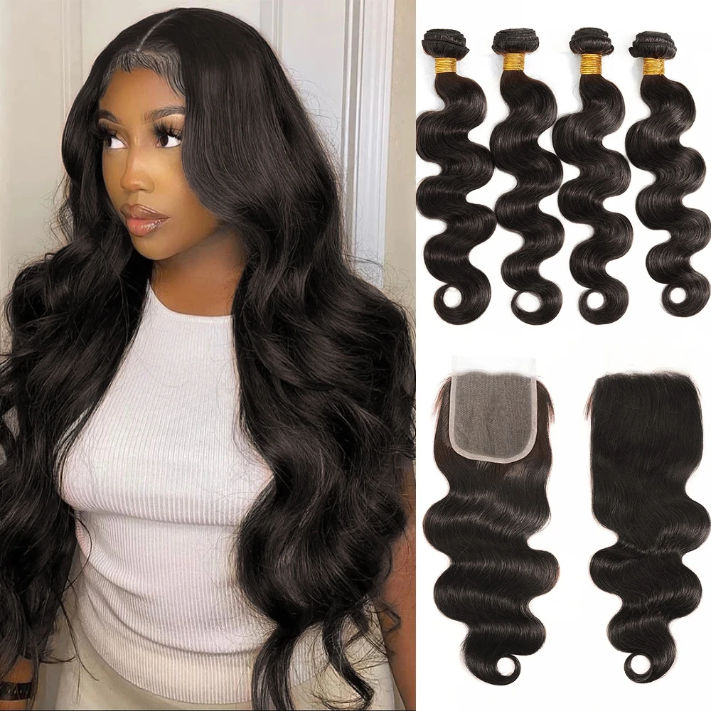 4x4 Lace Closure Body Wave Human Hair Bundles With Closure Hair Extensions 3/4 Bundles 30 Inch Bundle With Pre Plucked