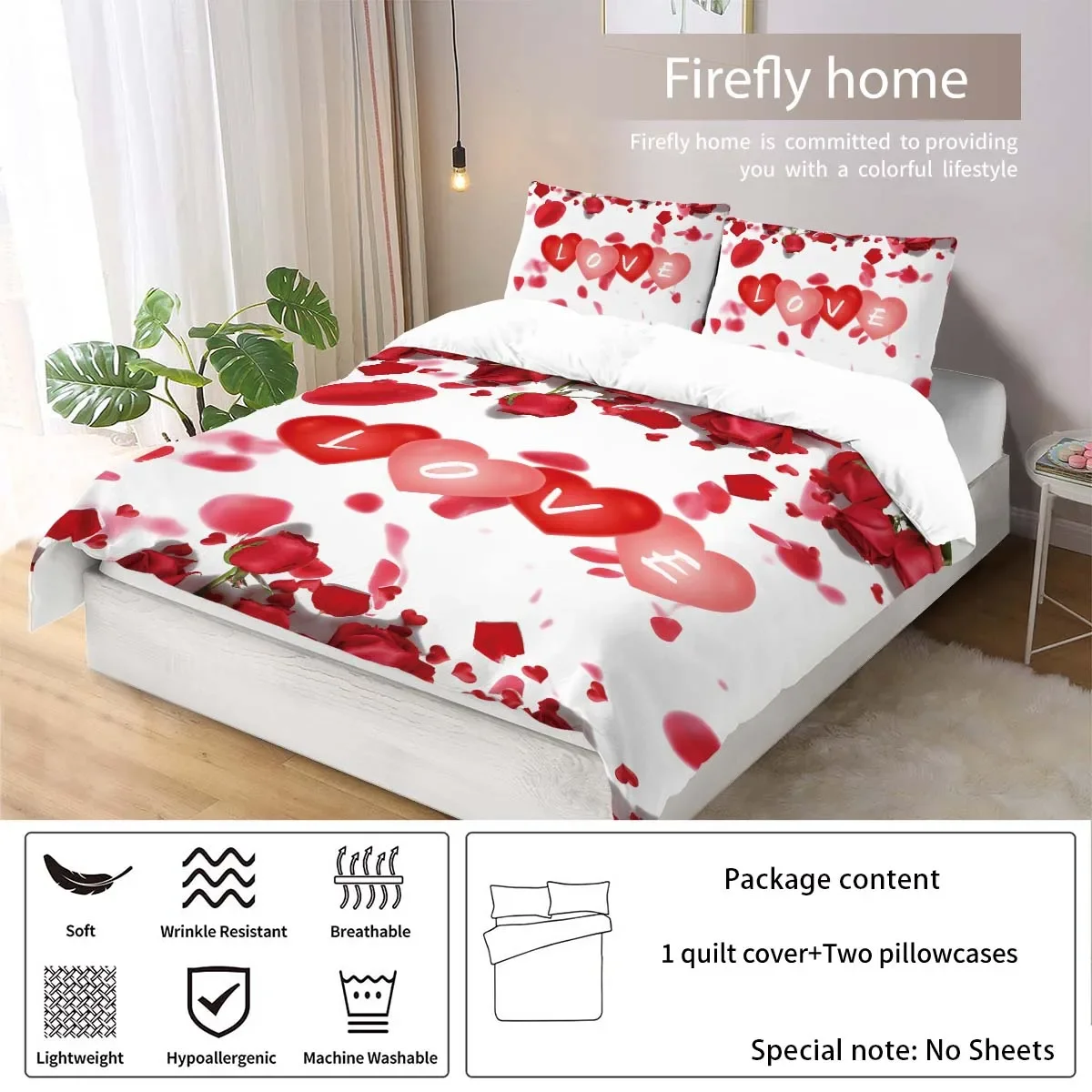 3-piece down duvet cover set with rose heart pattern print (1 duvet cover+2 pillowcases, no core) Valentine's Day bedding set