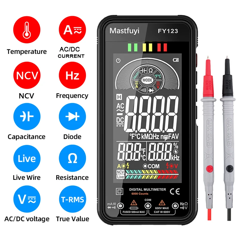 FY123 Multimeter Digital DC AC Current Voltager Auto Range Temp Multimetro  Digital Profesional True RMS Capacitance ohm Tester