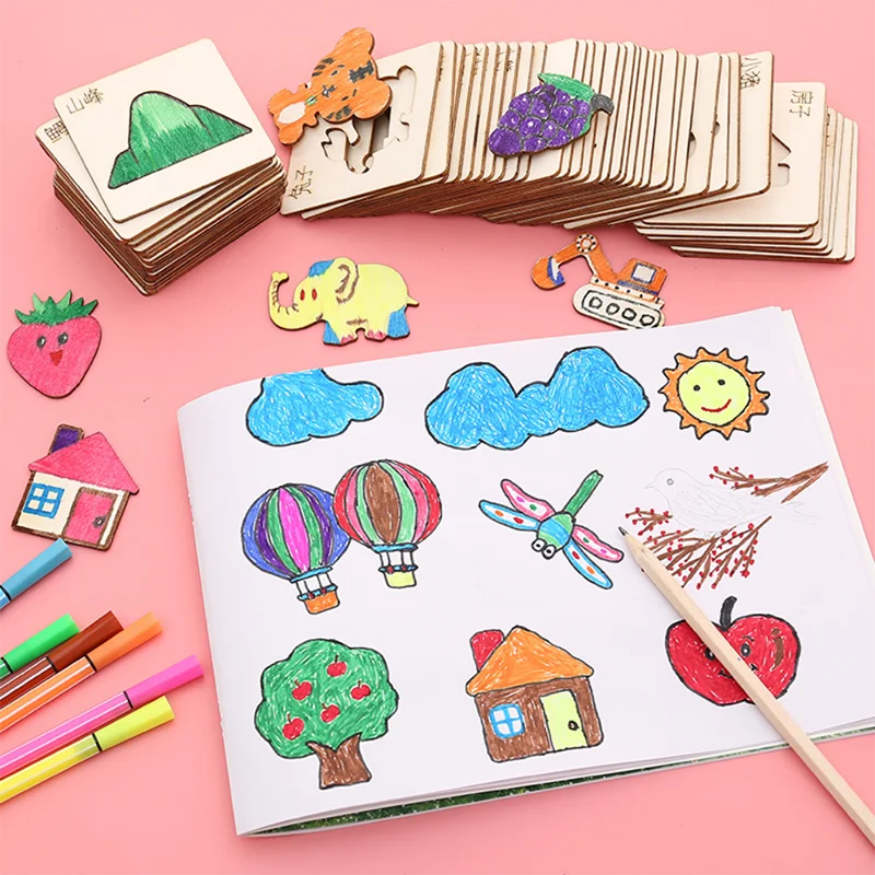 5-20pcs Montessori Kids Drawing Toys Wooden DIY Painting Stencils Template Craft Toys Puzzle Educational for Children Gifts