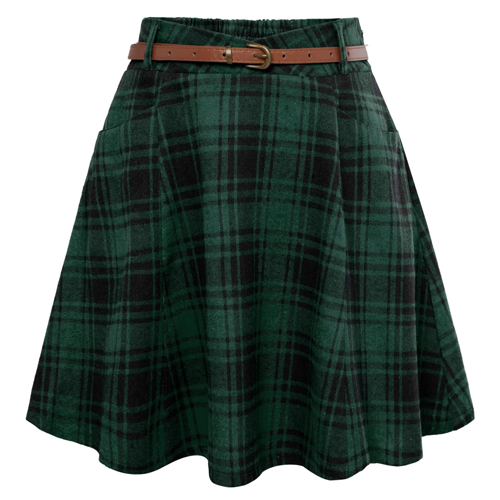 

Belle Poque Women Vintage Plaided Swing Skirt With Belt Elastic Waist A-Line Skirt Checkered Color Contrast Skirt School Uniform