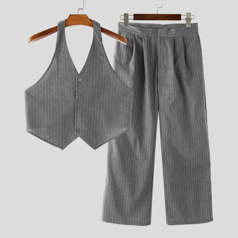 INCERUN Men Sets Striped V Neck Sleeveless Crop Tops Vests & Pants Two Pieces Sets 2025 Streetwear Fashion Men's Casual Suits