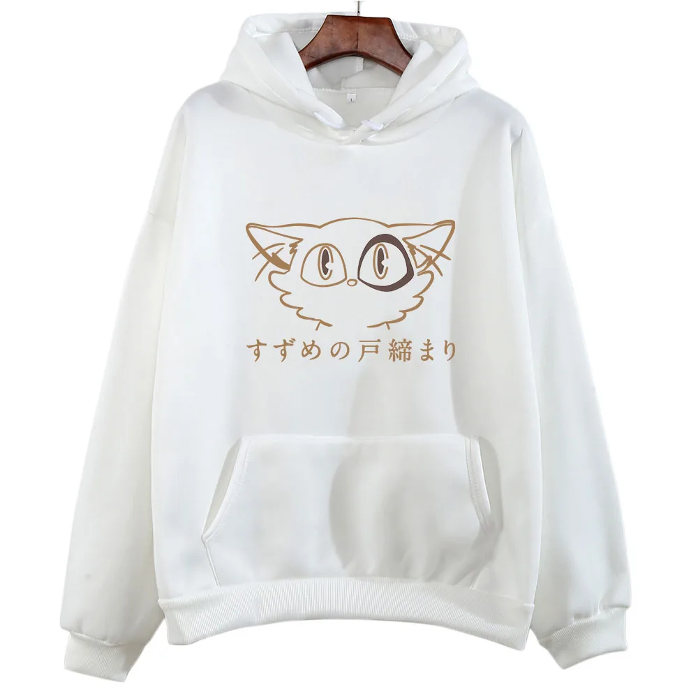 

Suzume No Tojimari Daijin White Cat Cartoon Hoodie Women Looking Minimalist Line Manga Graphic Clothing Kawaii/Cute Comfortable