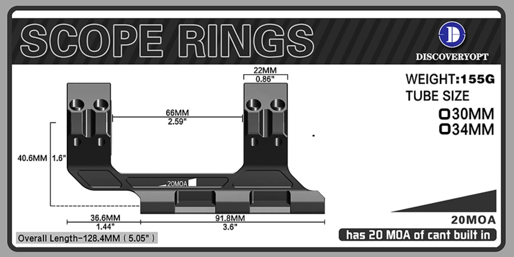 DISCOVERYOPT One-piece 20MOA Cantilever Scope Mount Rigid Precision 34mm/30mmTube Picatinny Rail For Scope Accessories