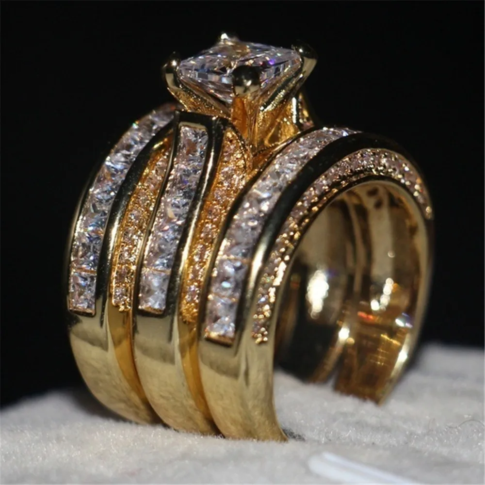 Cute Female Big Zircon Ring Set Crystal Silver Color Yellow Gold Bridal Wedding Jewelry For Women