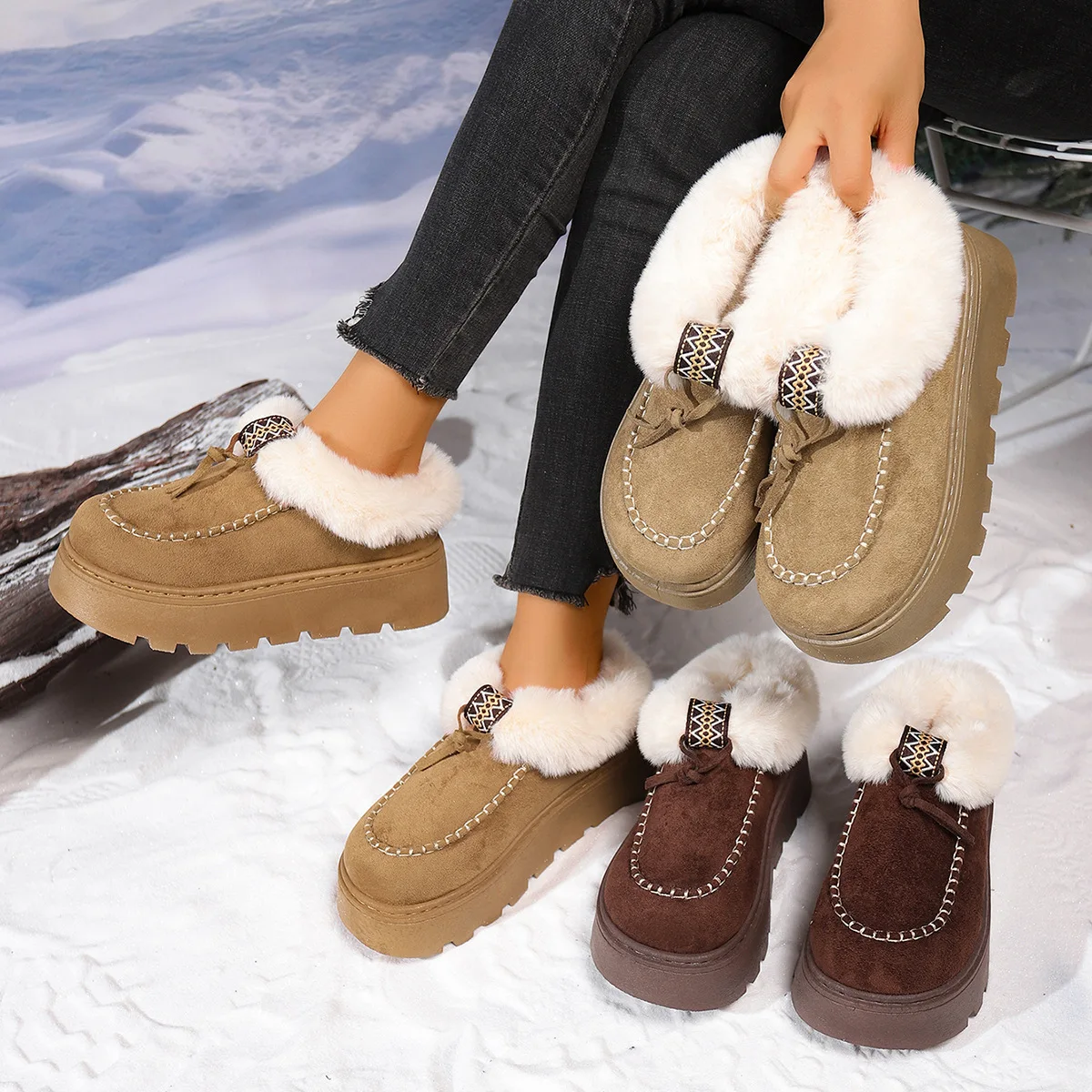 Fleece Neck Snow Boots Winter 2025 New Round Toe Suede Sleeve Platform Sole Non-slip Wear-resistant Cotton Shoes