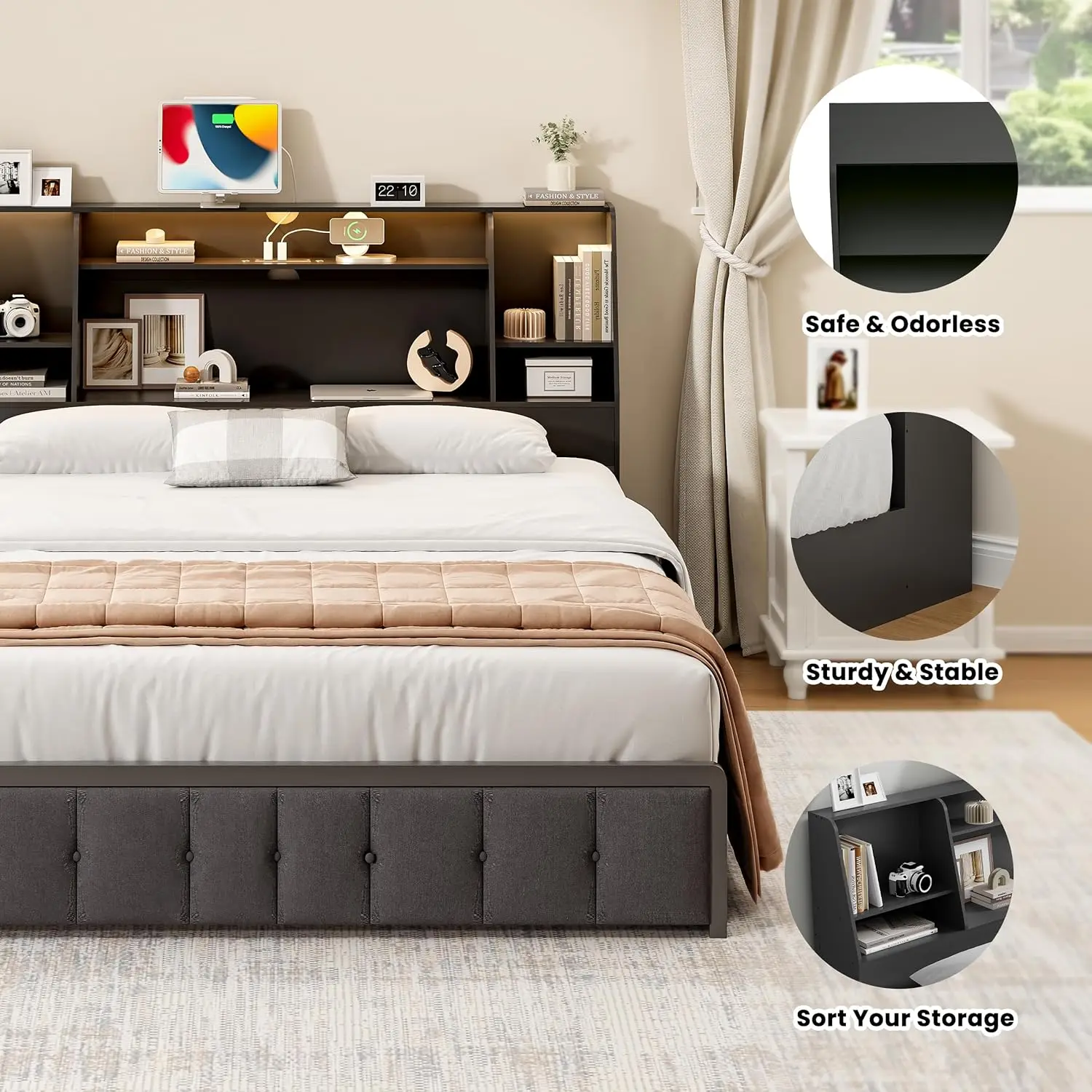 Queen/Full Headboard Onlyd with Charging Station & 2 LED Lights, Stylish Noise-Free with Ample Storage