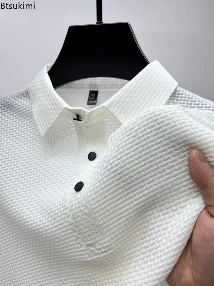 Summer New Men's Solid Casual Polo Shirts Fashion Jacquard Ice Silk Business Lapel T-shirt Men Comfy Breathable All Matches Tops