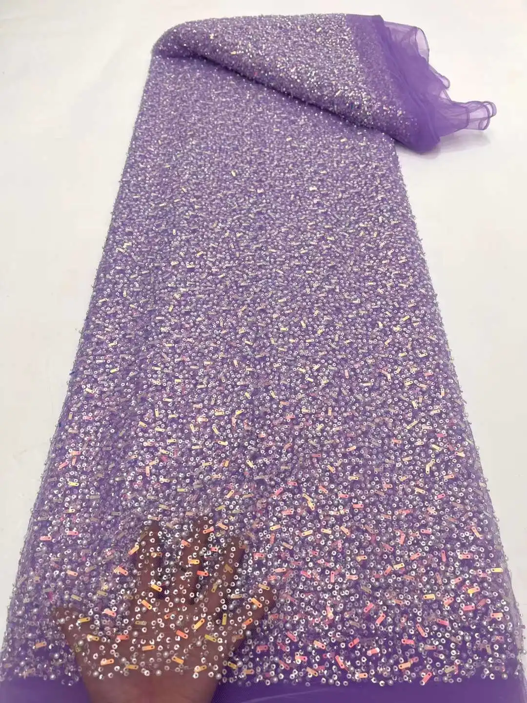 

2023 Latest Luxurious Sequence Lace Fabrics Nigeria Lace Embroidery Mesh Lace Fabric with pearl Wedding Lace Fabric