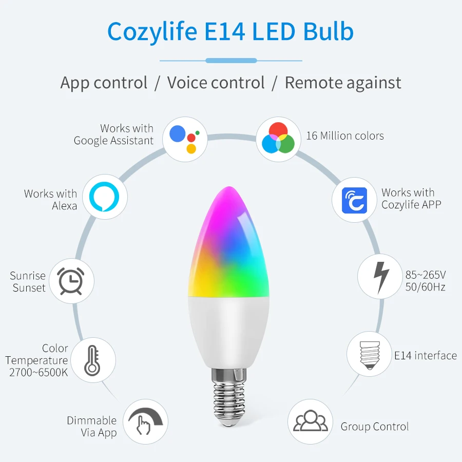 Cozylife WiFi Smart LED Light Bulb E14 9W Candle RGB Dimmable APP Voice Control Alexa Google Home smart led light bulbs
